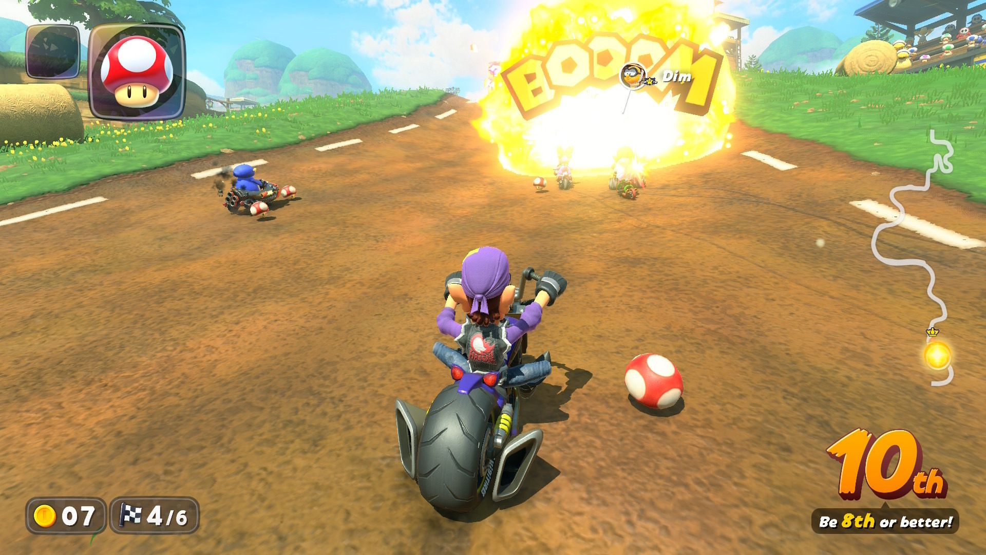 Mario Kart World Waluigi with a bomb exploding