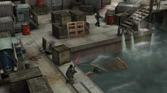 A screenshot of Templar sneaking up on the Helghast in Killzone Liberation
