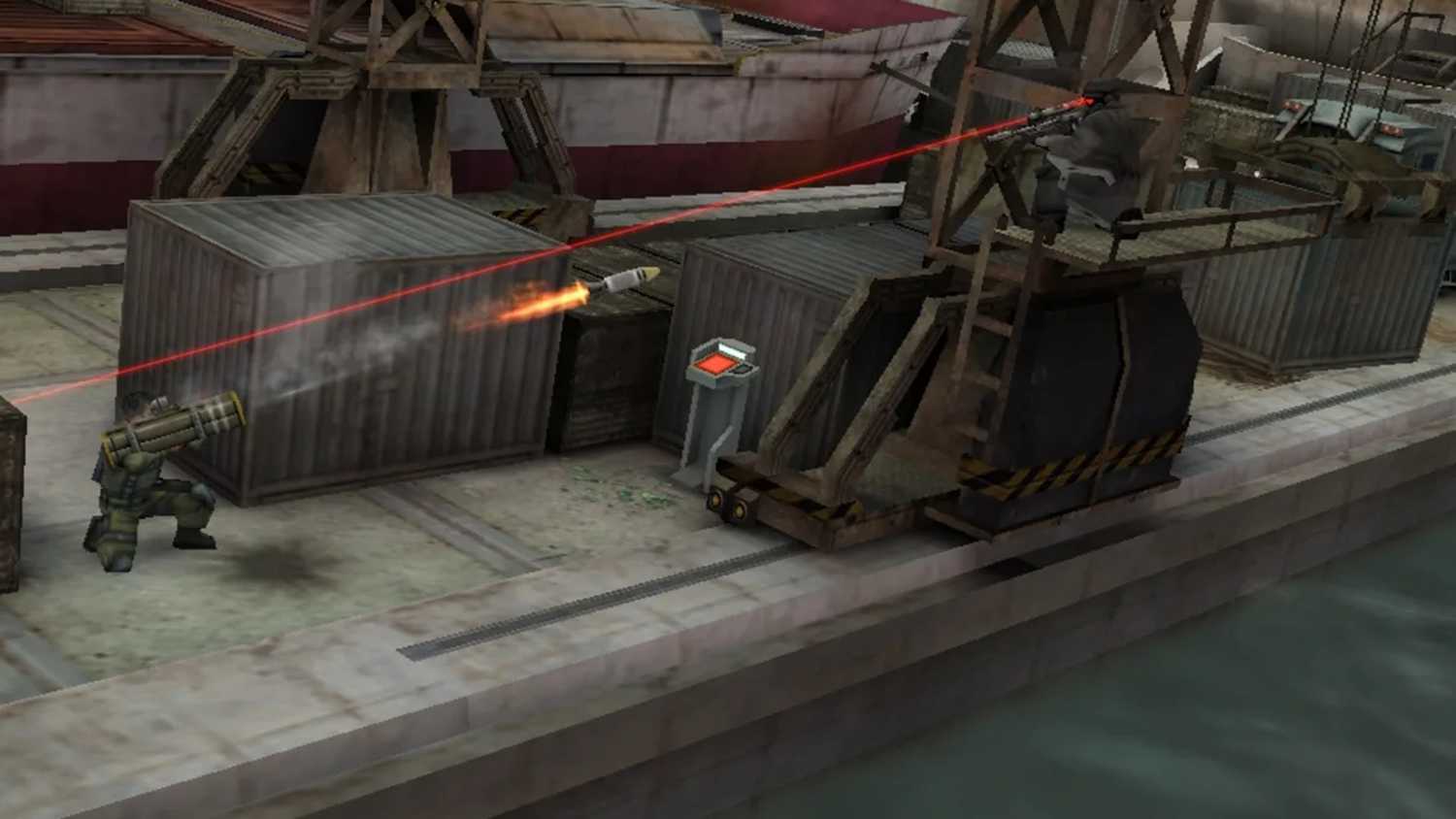 A screenshot of rockets being fired between forces in Killzone Liberation
