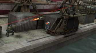 A screenshot of rockets being fired between forces in Killzone Liberation
