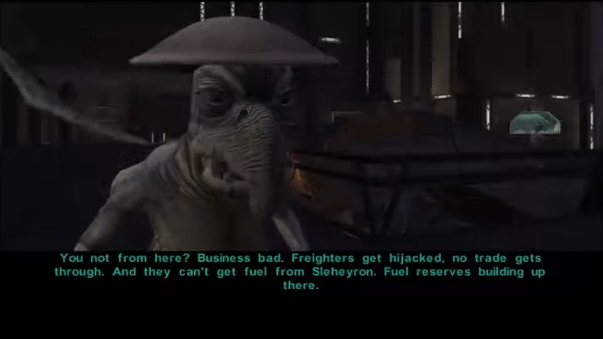 A screenshot of dialogue with an alien from Star Wars Knights of the Old Republic II