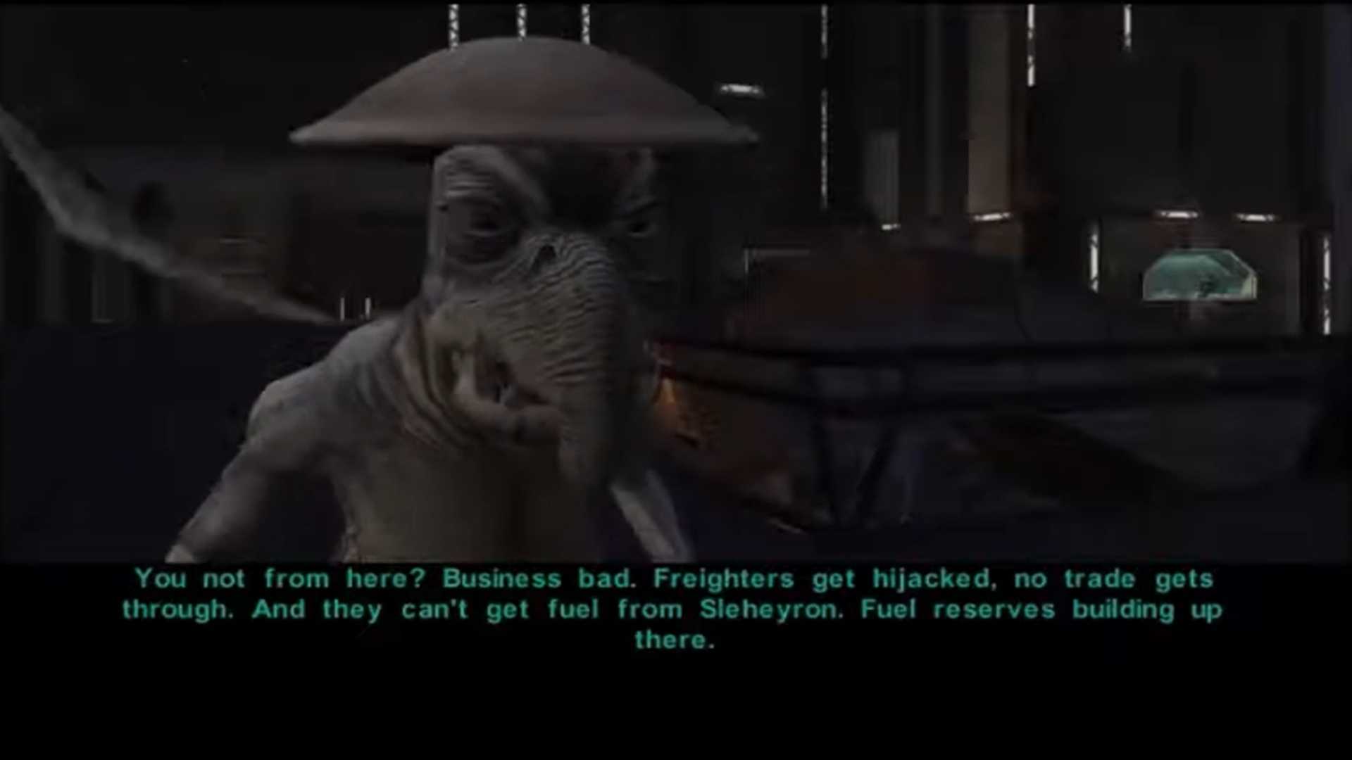 A screenshot of dialogue with an alien from Star Wars Knights of the Old Republic II