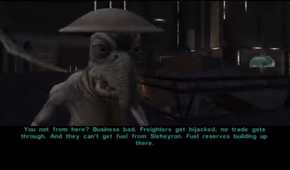 A screenshot of dialogue with an alien from Star Wars Knights of the Old Republic II