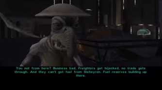 A screenshot of dialogue with an alien from Star Wars Knights of the Old Republic II