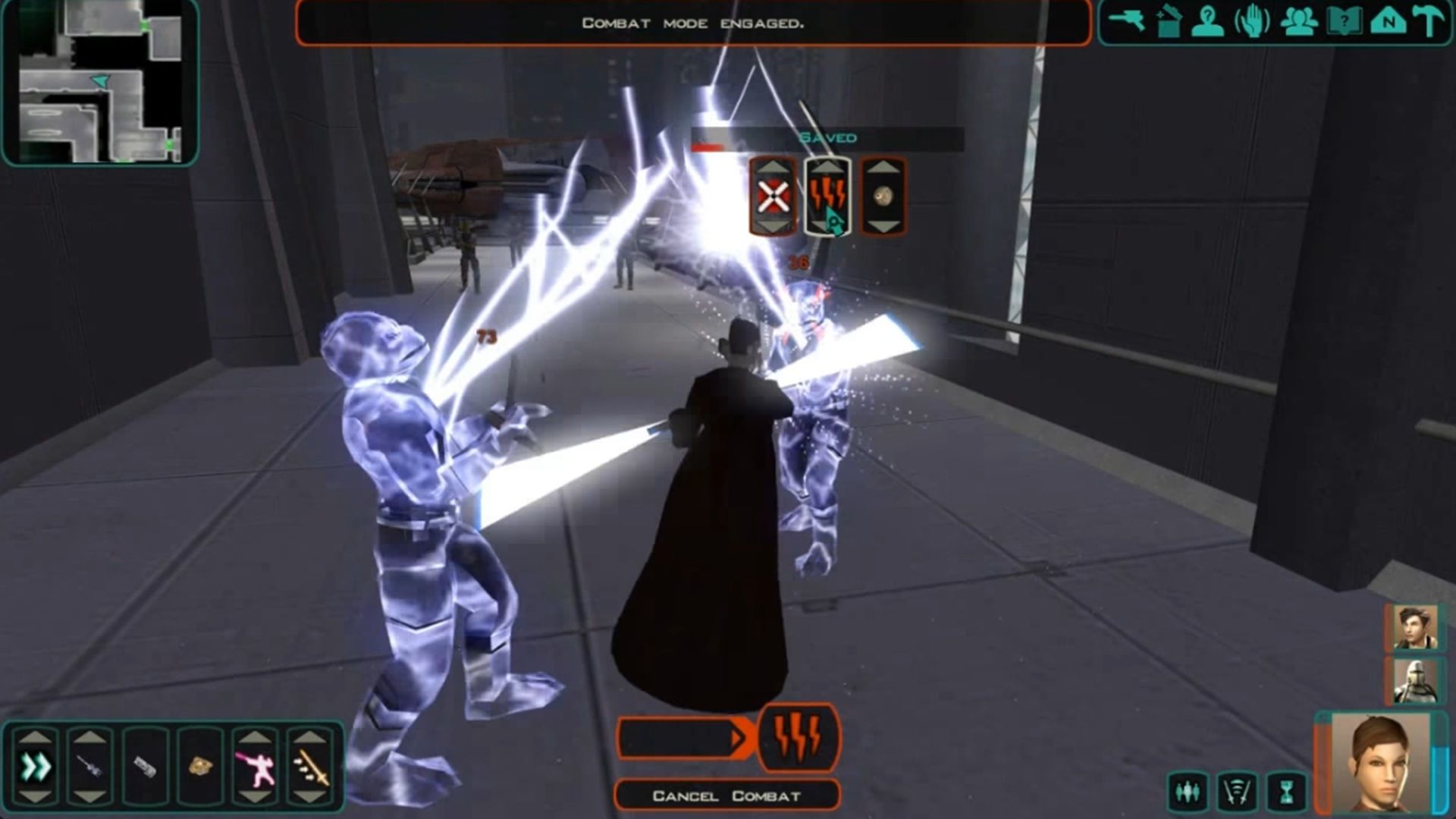 A screenshot of combat gameplay in Star Wars Knights of the Old Republic II