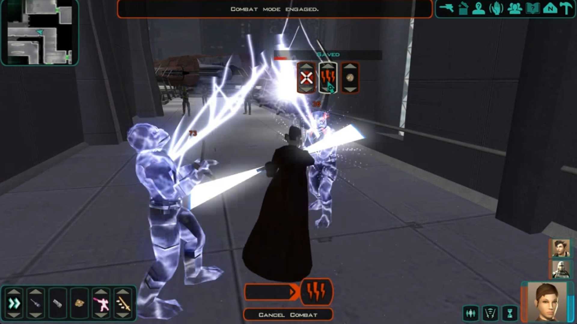 A screenshot of combat gameplay in Star Wars Knights of the Old Republic II
