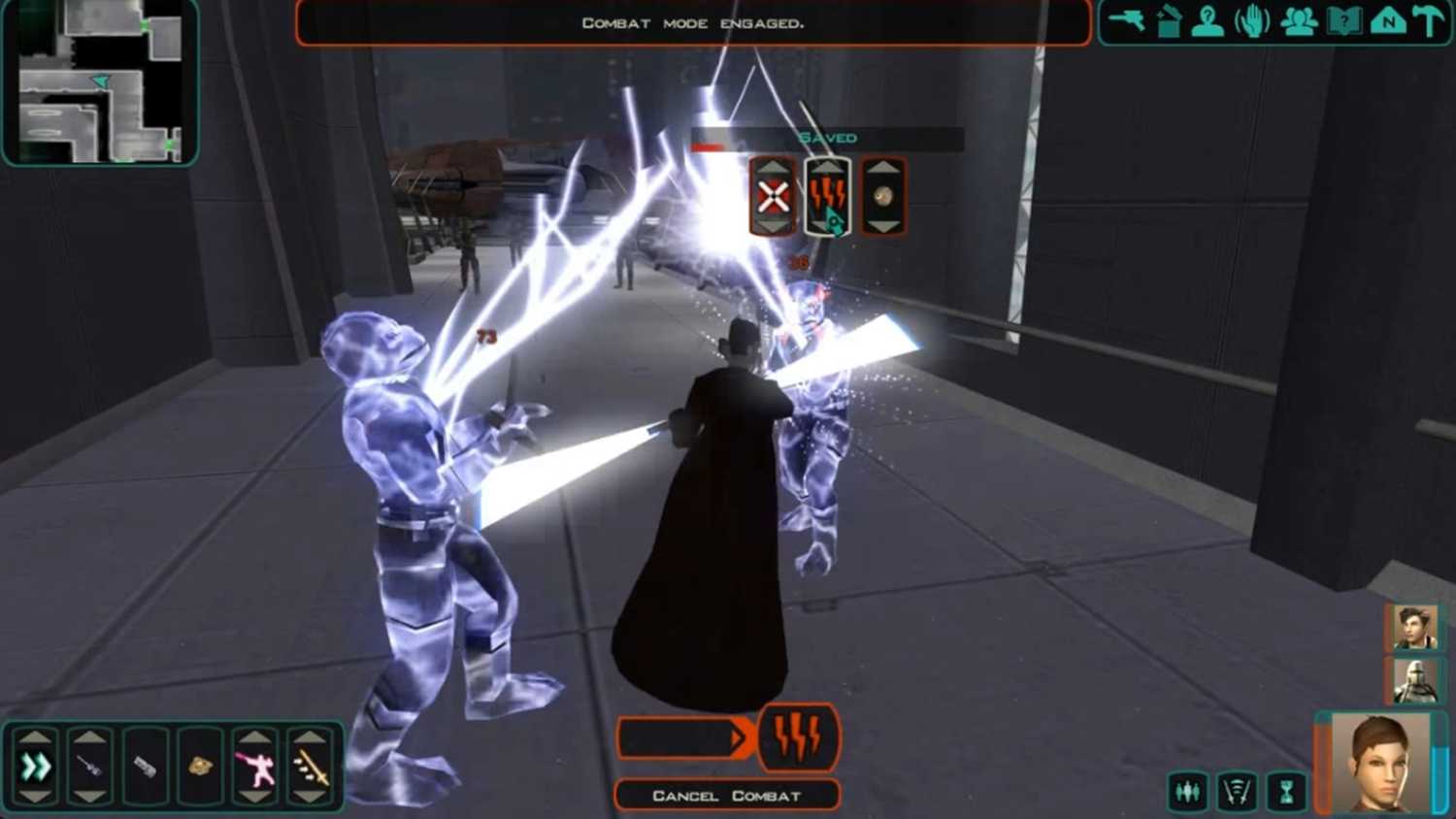 A screenshot of combat gameplay in Star Wars Knights of the Old Republic II