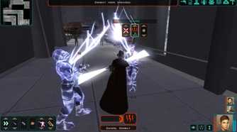 A screenshot of combat gameplay in Star Wars Knights of the Old Republic II