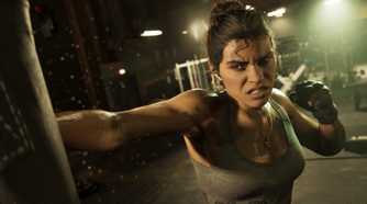 Screenshot of Lucia Caminos in GTA VI, training to box in a gym.