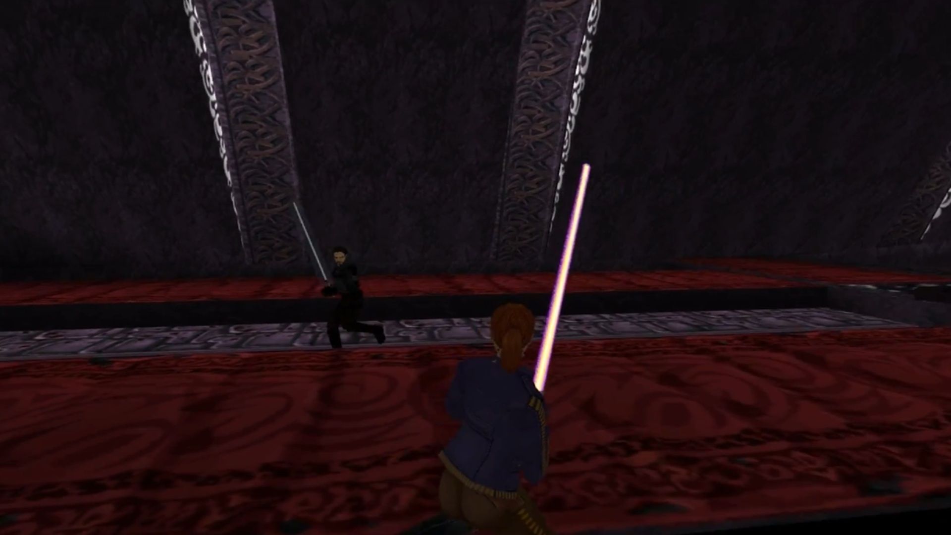 A screenshot of Mara Jade in a lightsaber duel during gameplay Star Wars Jedi Knight