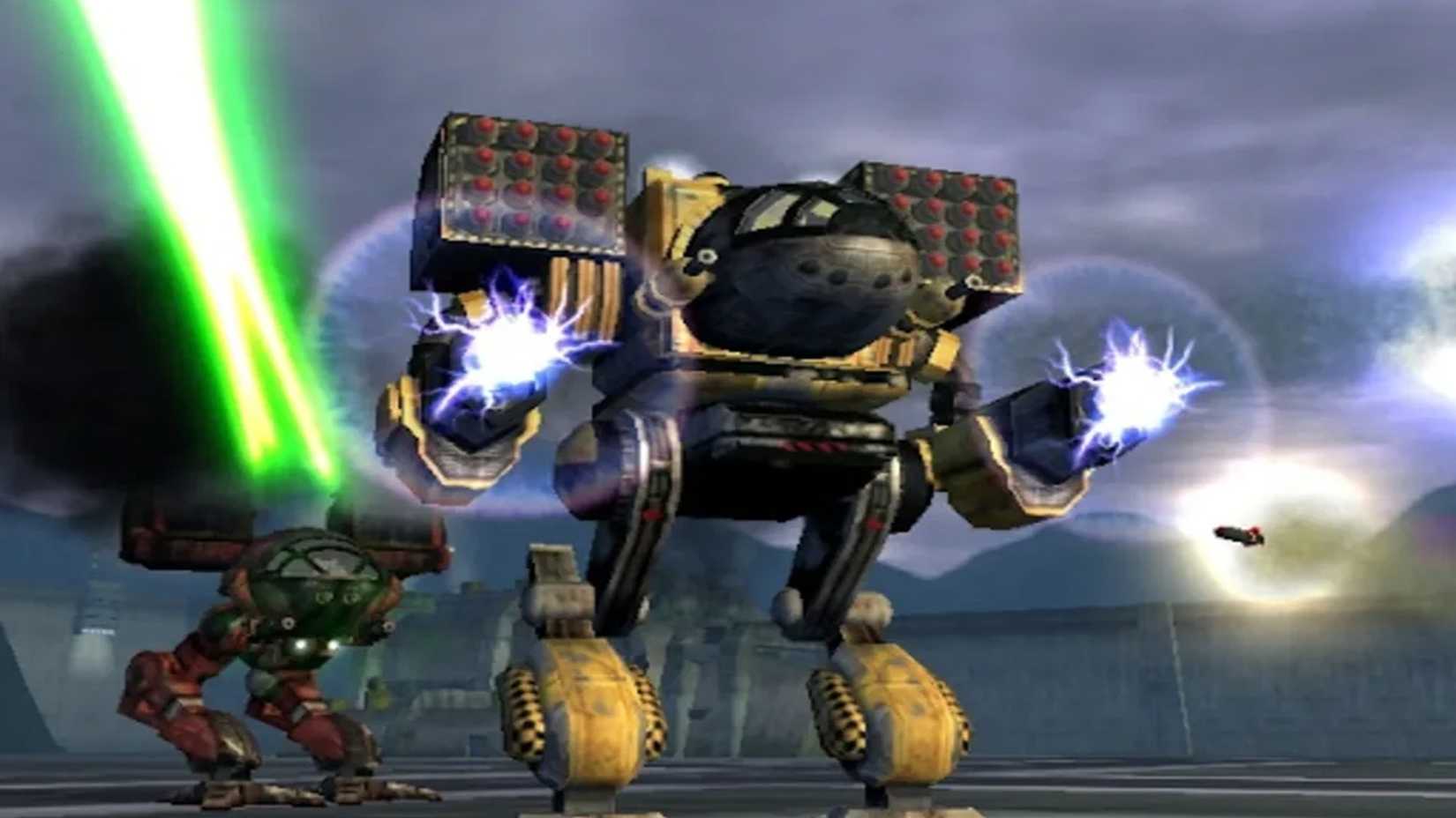 A screenshot of two mechs in combat and shooting weapons in MechAssault