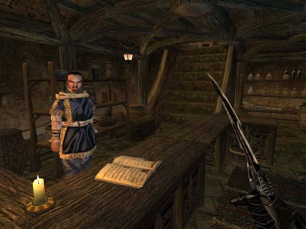 morrowind holding a dagger in a store
