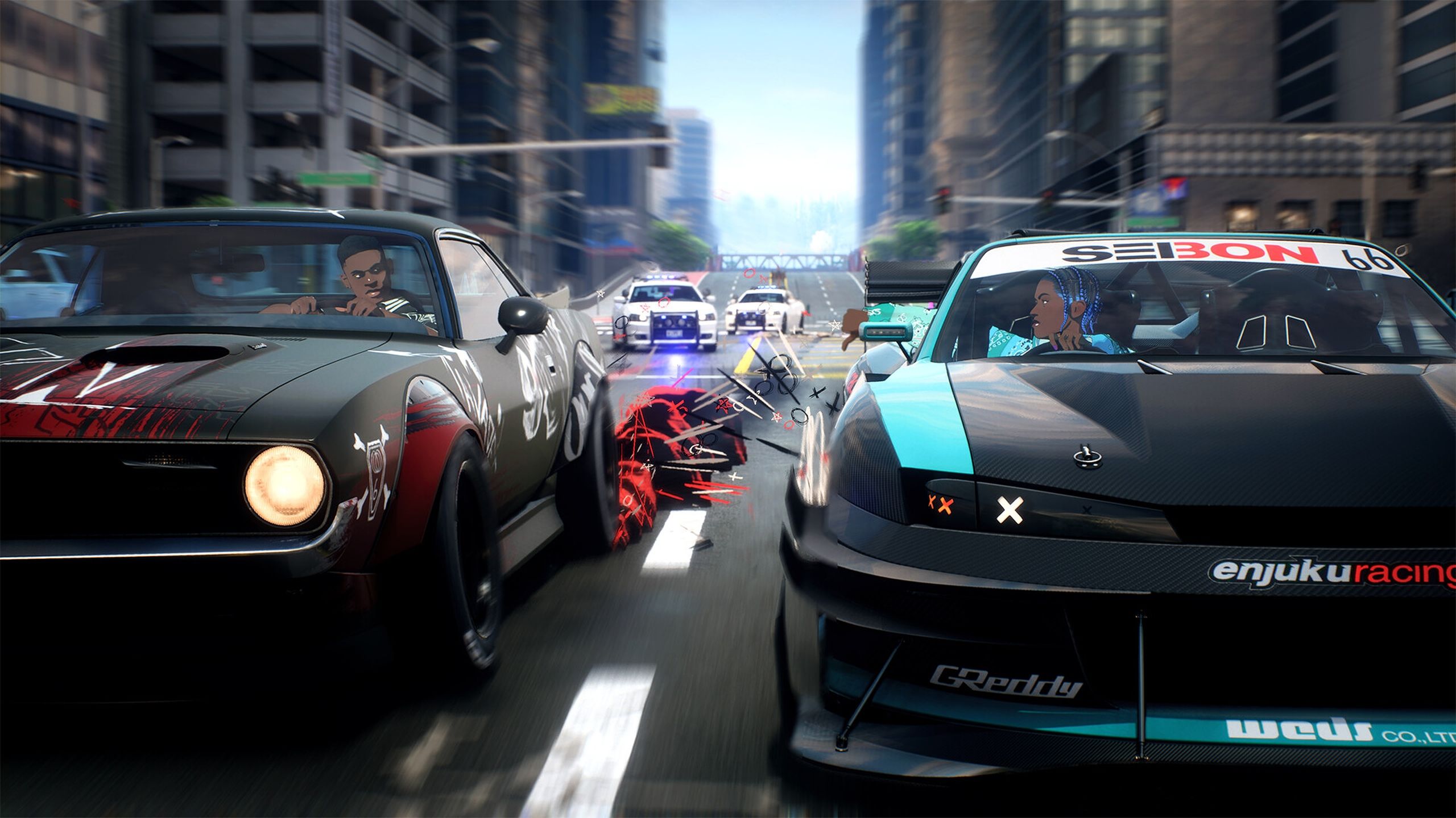 Two cars going head-t-head in NFS Unbound.