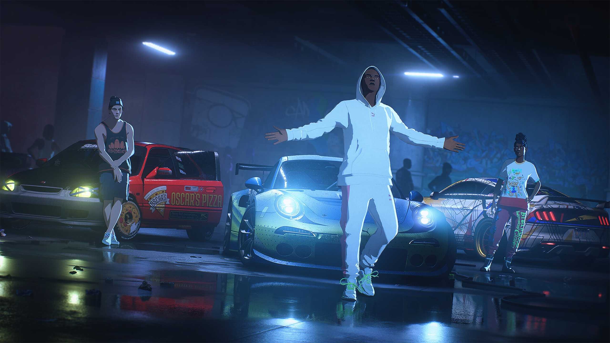 An underground garage meetup in NFS Unbound.