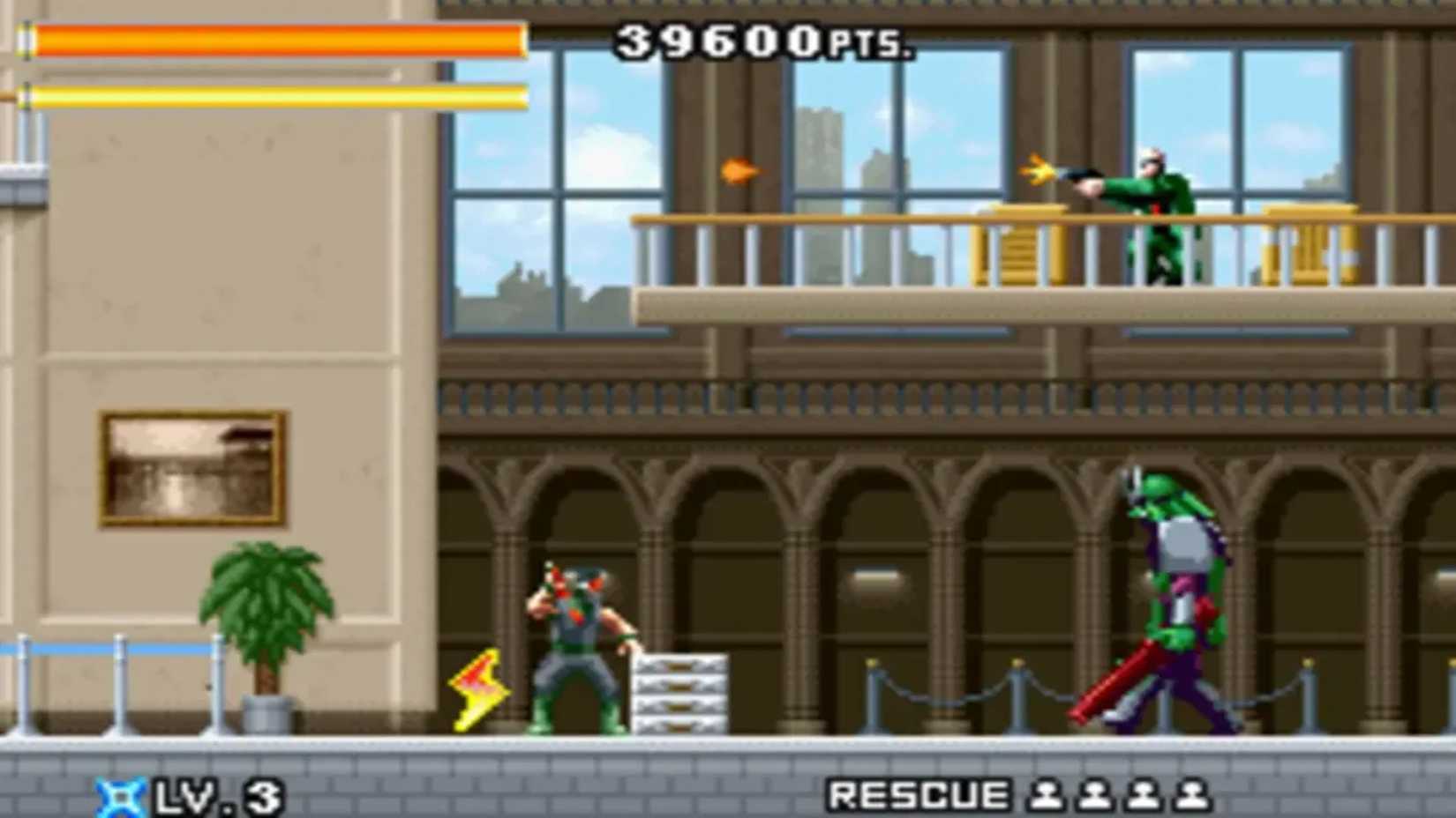 A screenshot of Joe traversing a stage with enemies in Ninja Five-O