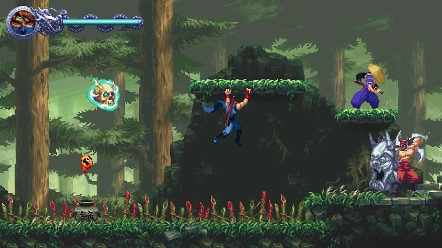 A screenshot of gameplay in a forest from Ninja Gaiden: Ragebound