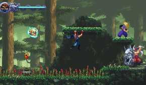 A screenshot of gameplay in a forest from Ninja Gaiden: Ragebound