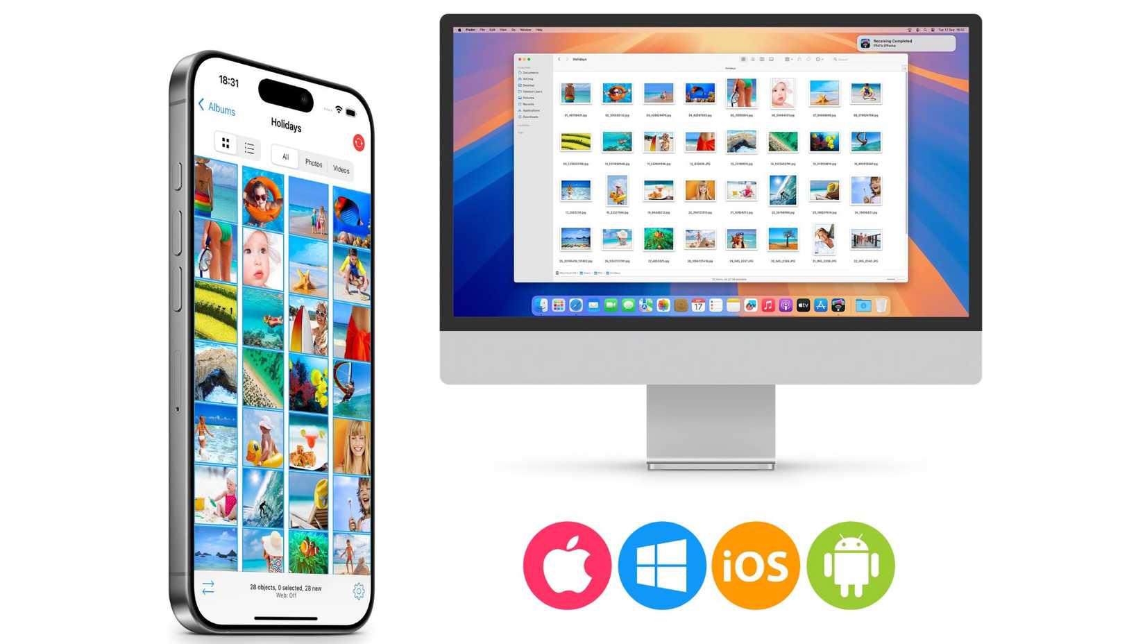A mockup of the PhotoSync app UI on iPhone and Mac