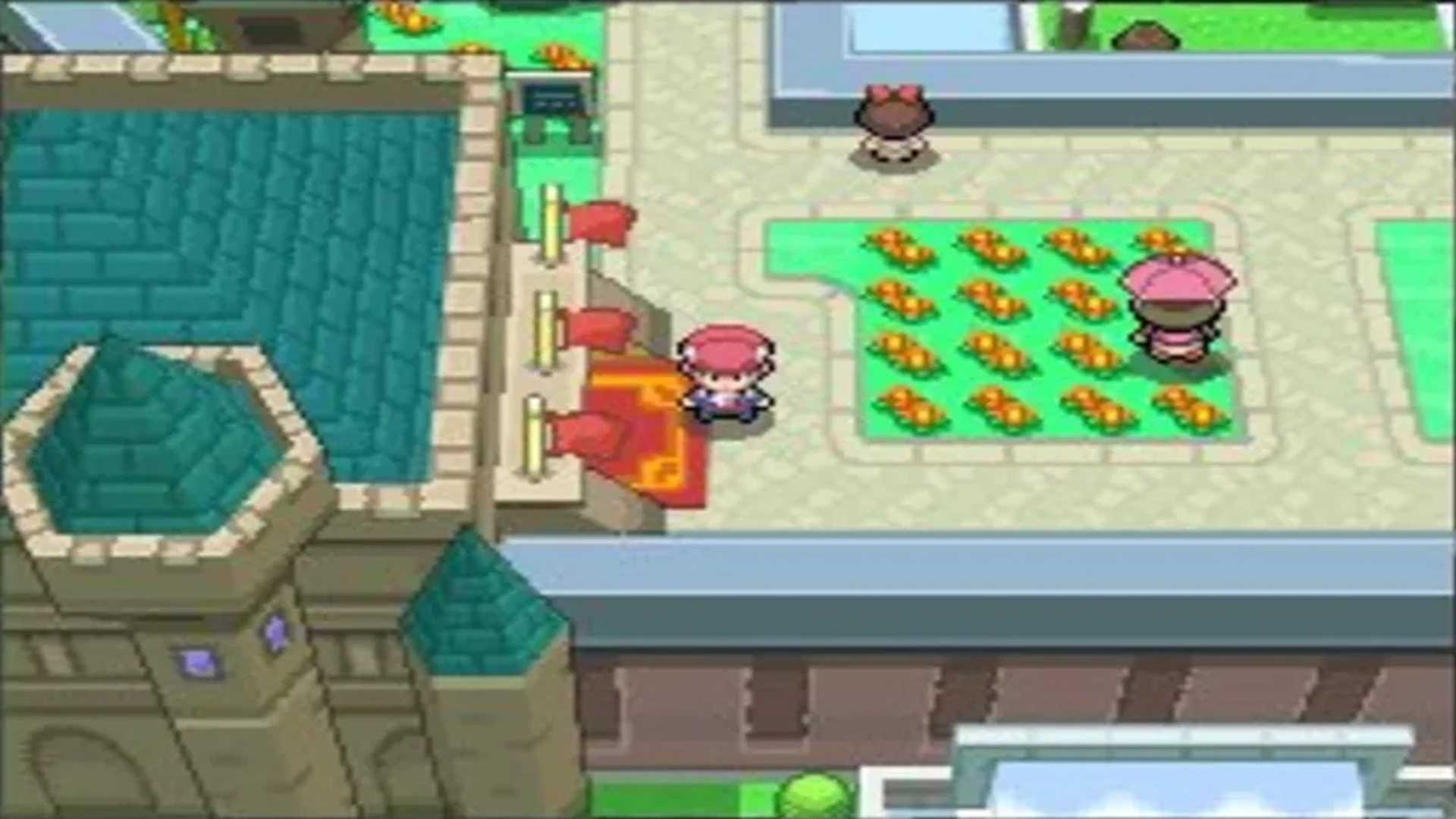 A screenshot of a player atop of a castle in Pokémon Platinum