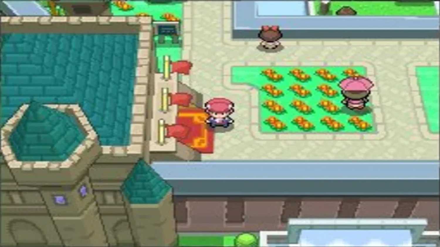 A screenshot of a player atop of a castle in Pokémon Platinum