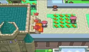A screenshot of a player atop of a castle in Pokémon Platinum