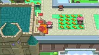 A screenshot of a player atop of a castle in Pokémon Platinum