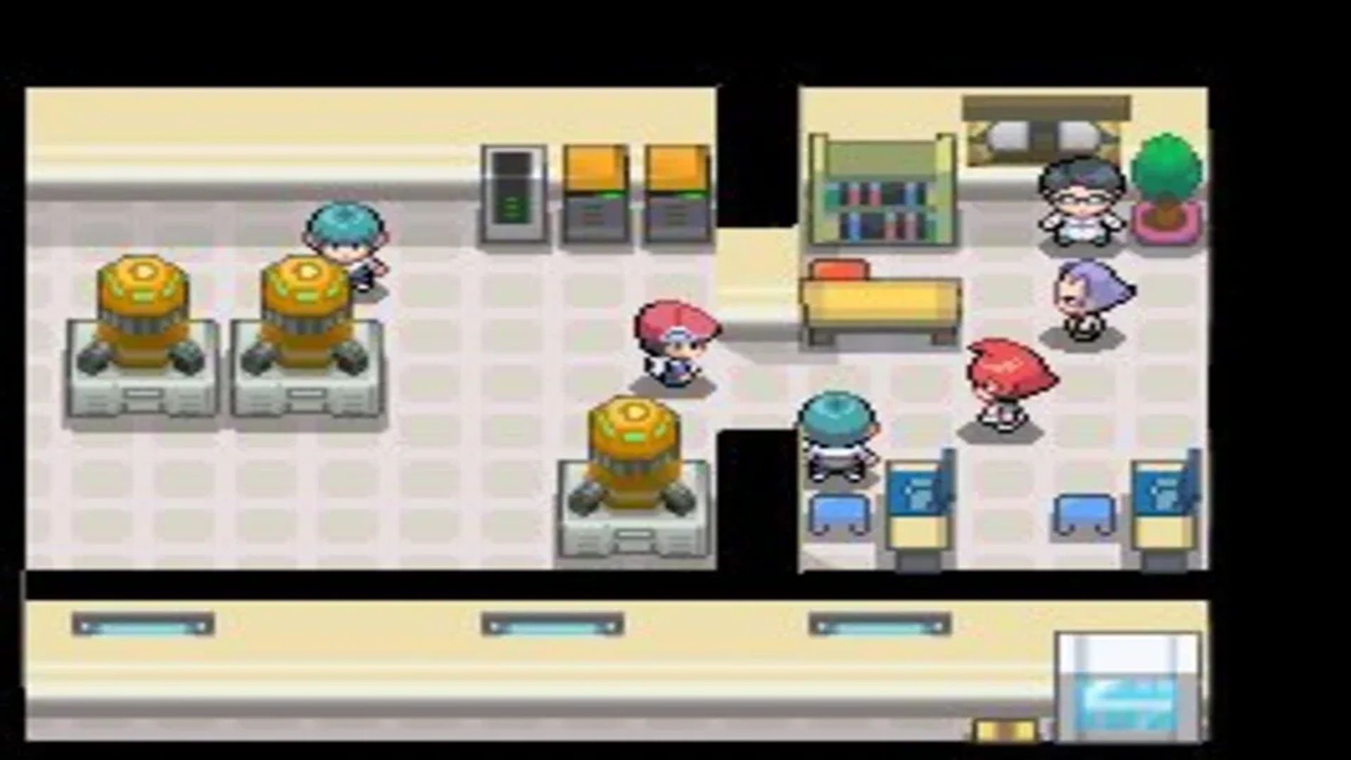 A screenshot of the player roaming a building in Pokémon Platinum