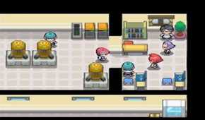 A screenshot of the player roaming a building in Pokémon Platinum