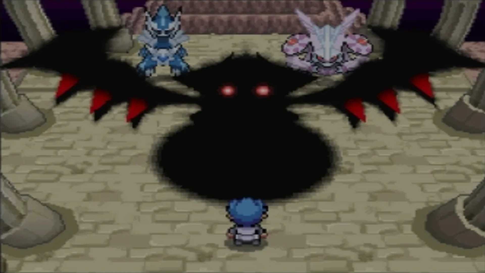 A screenshot of the Giratina encounter in Pokémon Platinum