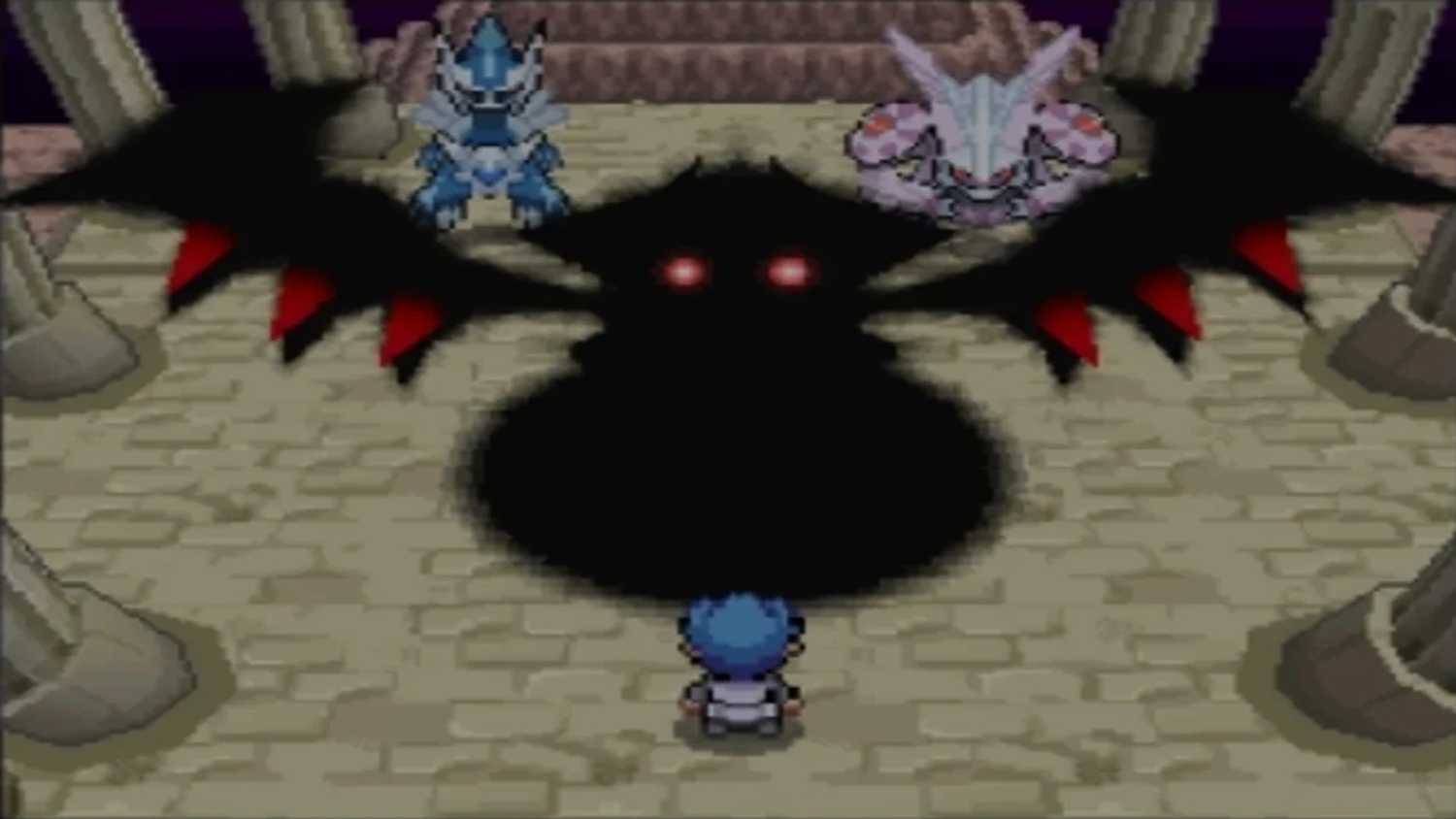 A screenshot of the Giratina encounter in Pokémon Platinum