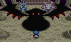 A screenshot of the Giratina encounter in Pokémon Platinum