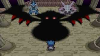 A screenshot of the Giratina encounter in Pokémon Platinum