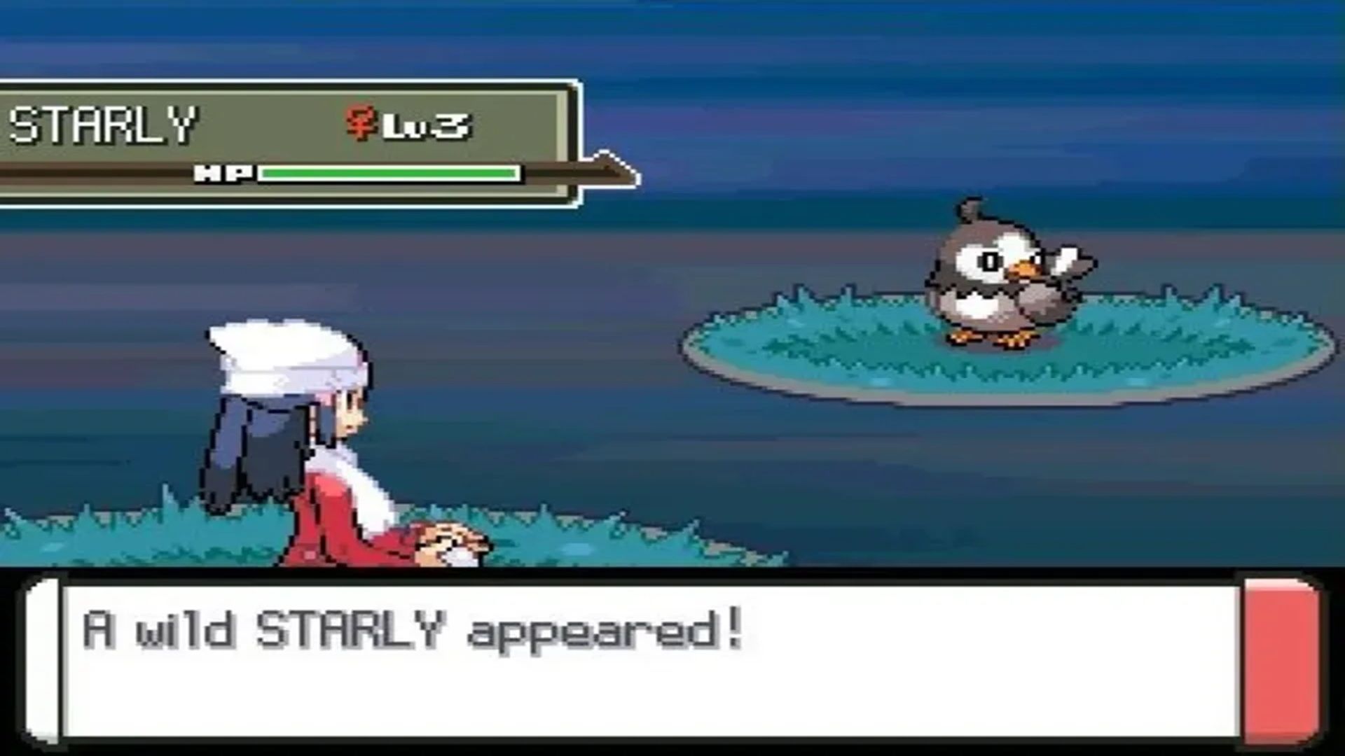 A screenshot of a wild Pokemon encounter from Pokémon PLatinum