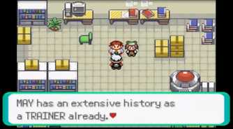 A screenshot of the player talking to the Professor in Pokémon Emerald