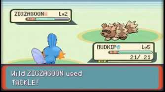 A screenshot of a battle with Mudkip and Zigzagoon in Pokémon Emerald