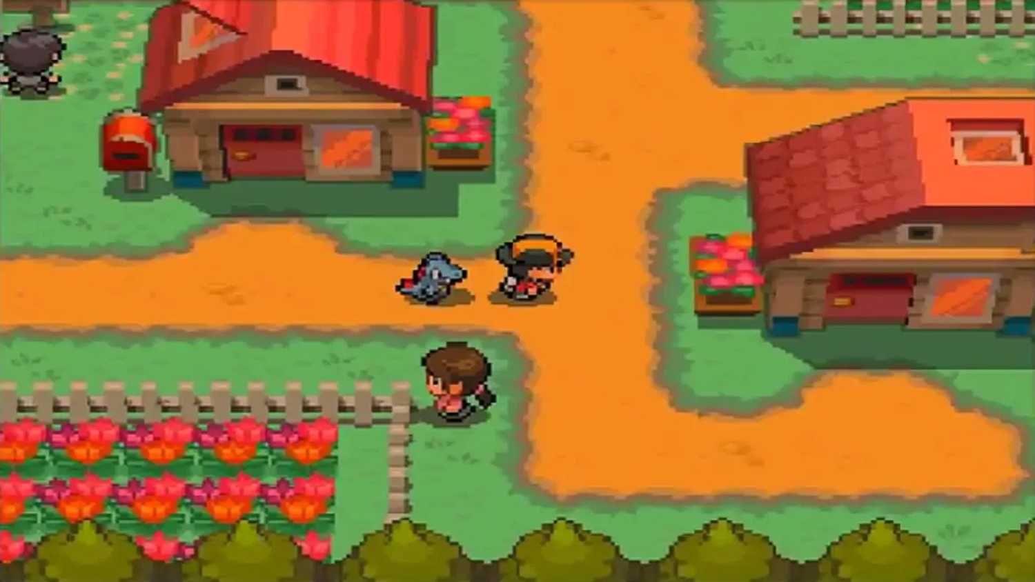 A screenshot a player roaming a town area in Pokemon HeartGold and SoulSilver