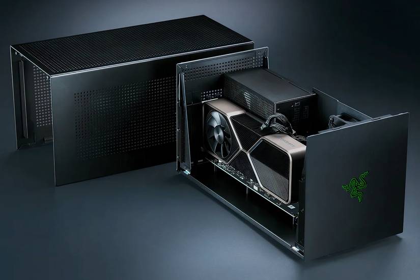 Razer Core X V2 external GPU enclosure, pictured with a power supply and GPU installed.