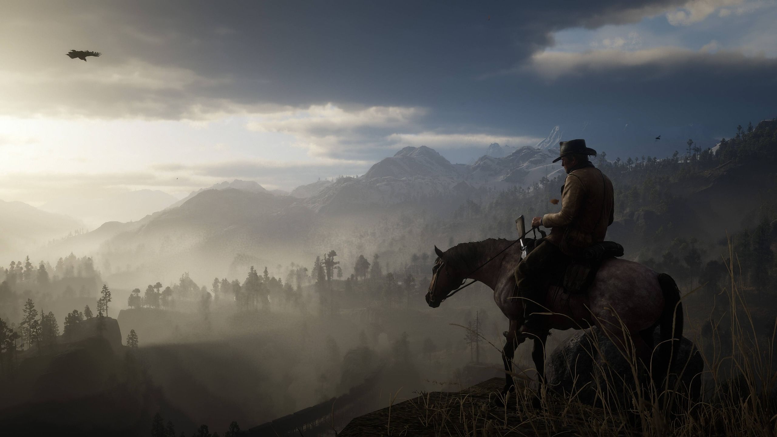 Arthur on a horse, overlooking a valley, in Red Dead Redemption 2.