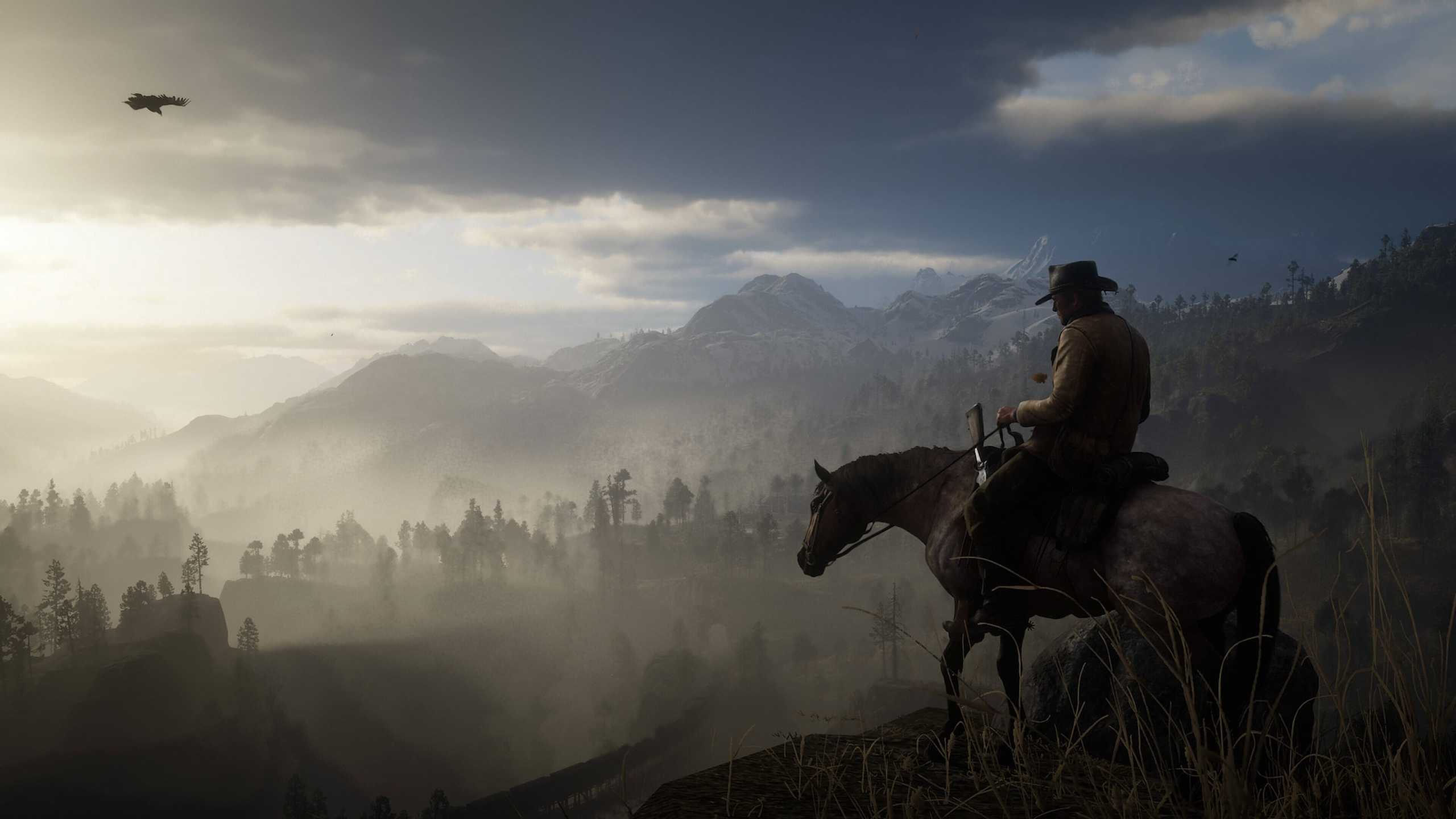 Arthur on a horse, overlooking a valley, in Red Dead Redemption 2.