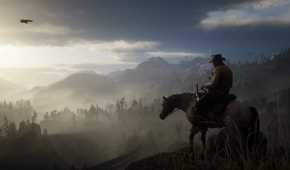 Arthur on a horse, overlooking a valley, in Red Dead Redemption 2.