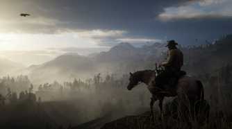 Arthur on a horse, overlooking a valley, in Red Dead Redemption 2.