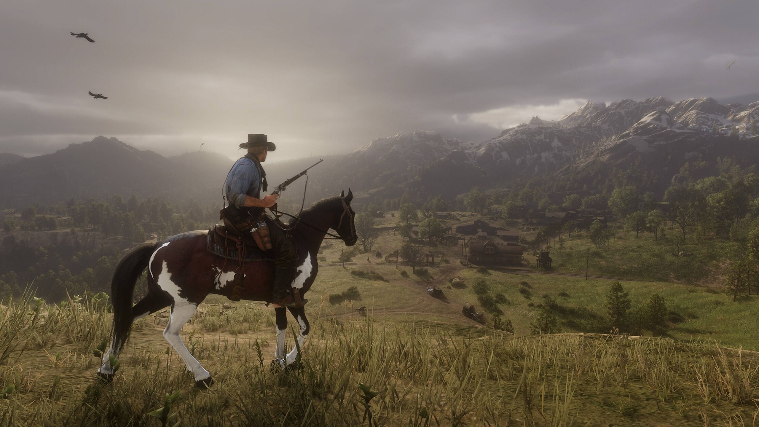 Arthur wielding a rifle while on horseback.