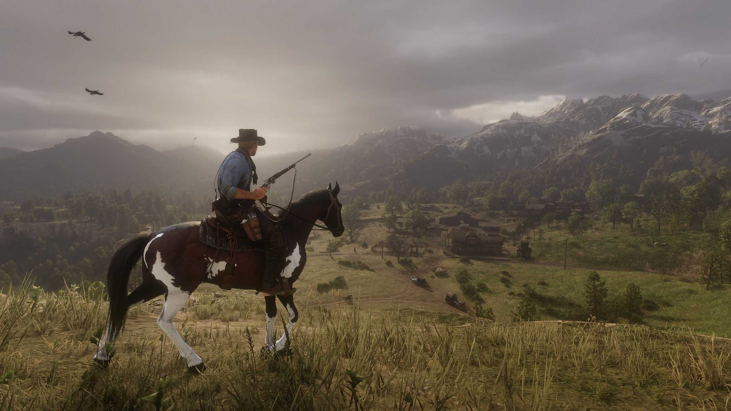 Arthur wielding a rifle while on horseback.