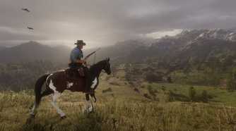 Arthur wielding a rifle while on horseback.