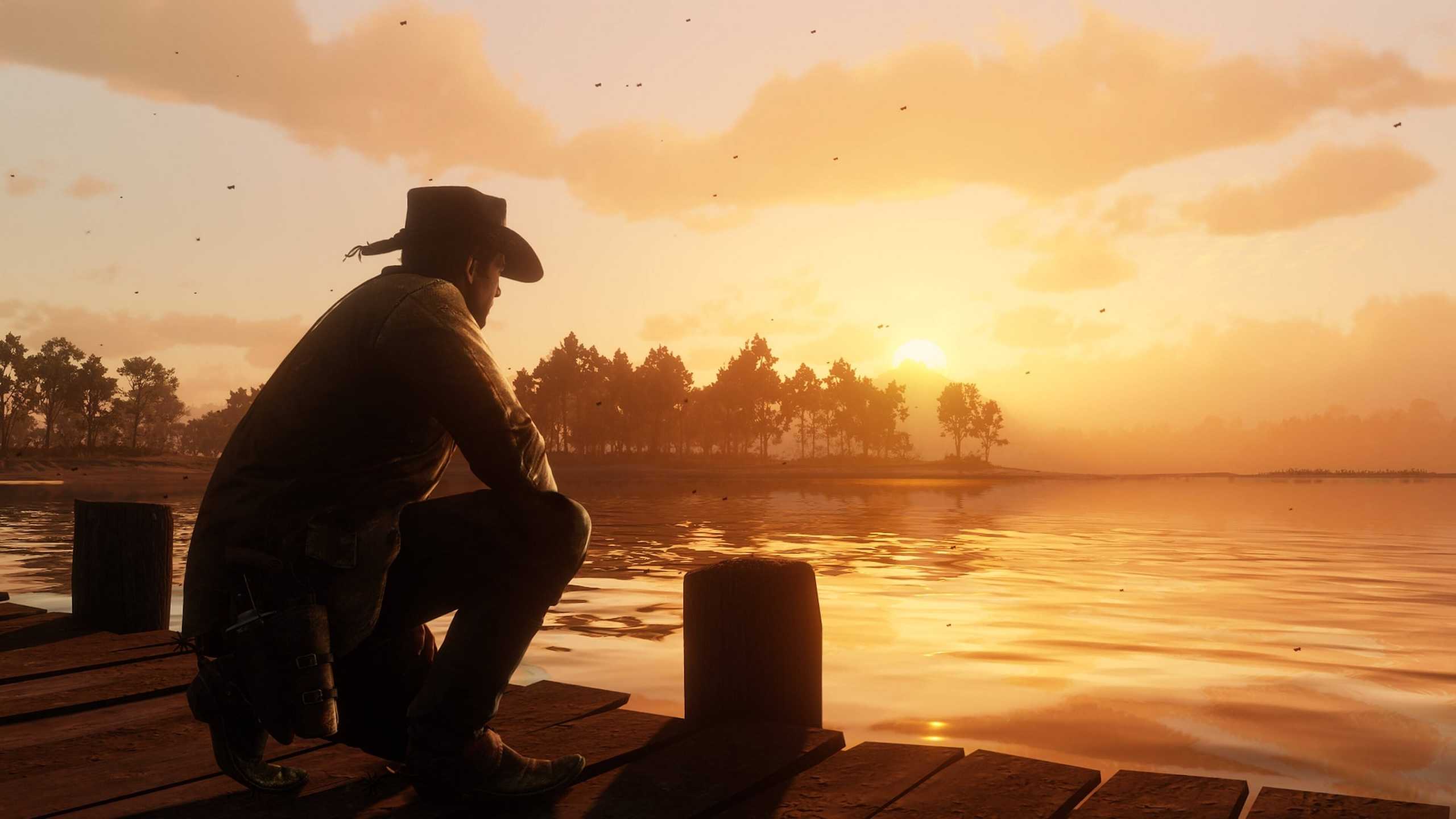 Arthur Morgan at the pier at sunset.