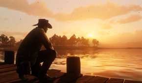 Arthur Morgan at the pier at sunset.