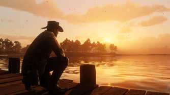 Arthur Morgan at the pier at sunset.
