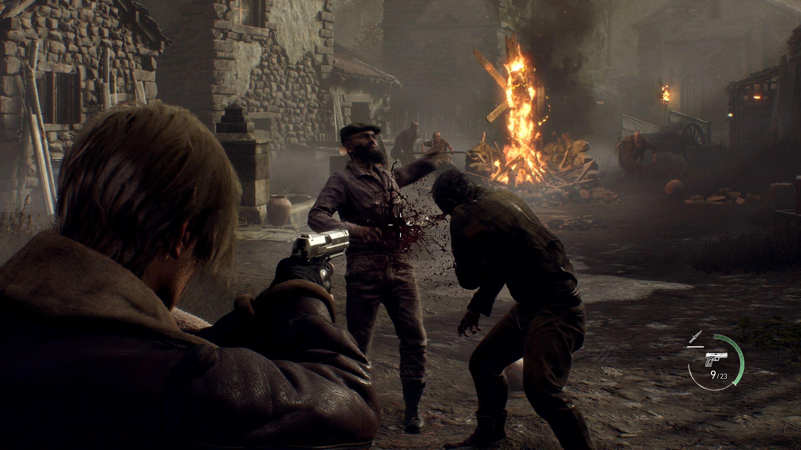 Leon shooting at hostile enemies in Resident Evil 4 Remake.