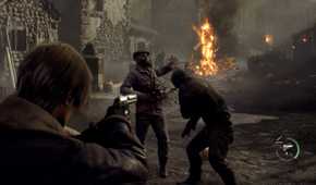 Leon shooting at hostile enemies in Resident Evil 4 Remake.