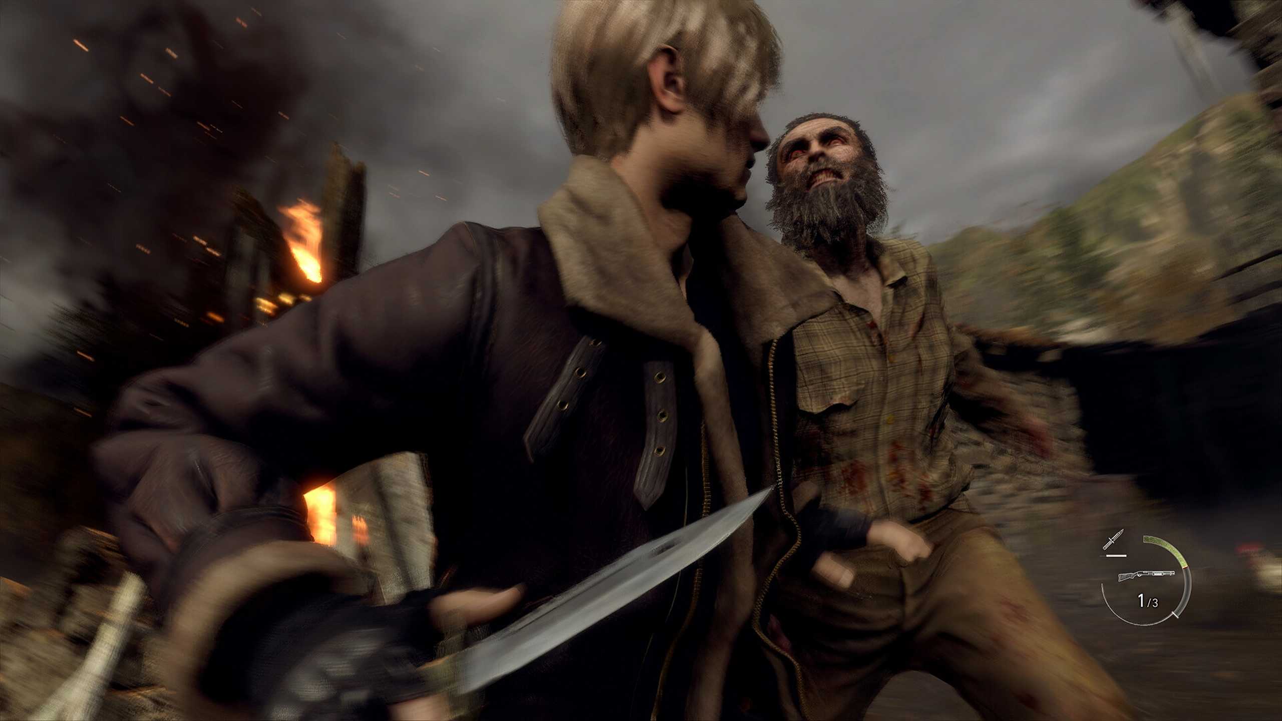 Leon attacking a zombified villager with a knife in Resident Evil 4 Remake.
